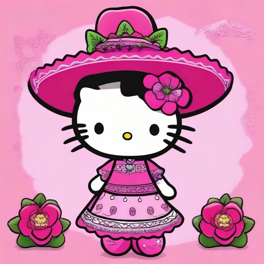 A charming illustration of Hello Kitty with a Mexican twist