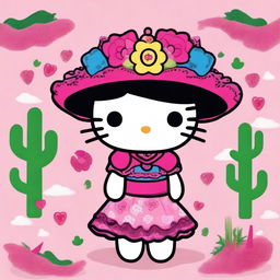 A charming illustration of Hello Kitty with a Mexican twist