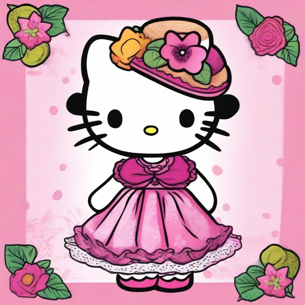 A charming illustration of Hello Kitty with a Mexican twist