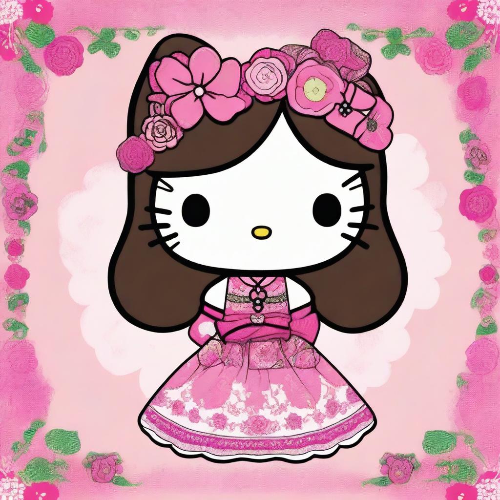 A charming illustration of Hello Kitty with a Mexican twist