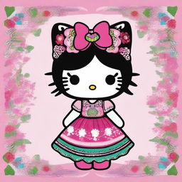 A charming illustration of Hello Kitty with a Mexican twist