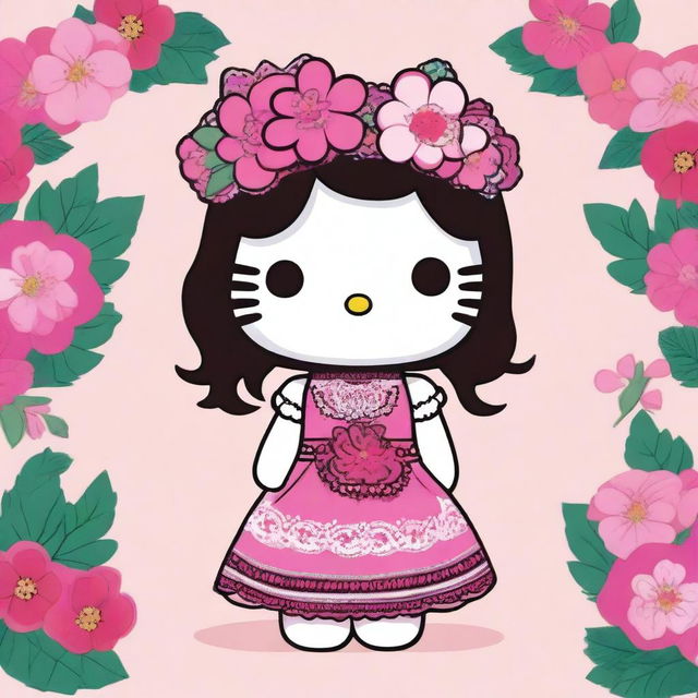 A charming illustration of Hello Kitty with a Mexican twist