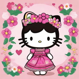 A charming illustration of Hello Kitty with a Mexican twist