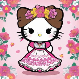 A charming illustration of Hello Kitty with a Mexican twist