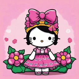 A charming illustration of Hello Kitty with a Mexican twist