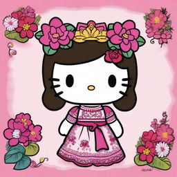 A charming illustration of Hello Kitty with a Mexican twist