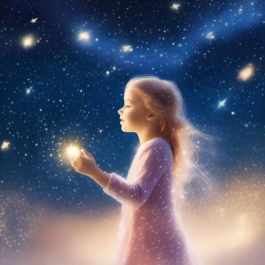 A young girl transforming into a star in a magical, dreamy night sky