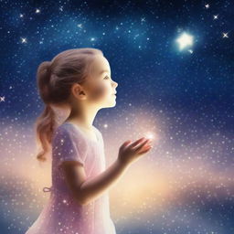 A young girl transforming into a star in a magical, dreamy night sky