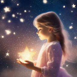 A young girl transforming into a star in a magical, dreamy night sky