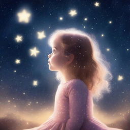 A young girl transforming into a star in a magical, dreamy night sky