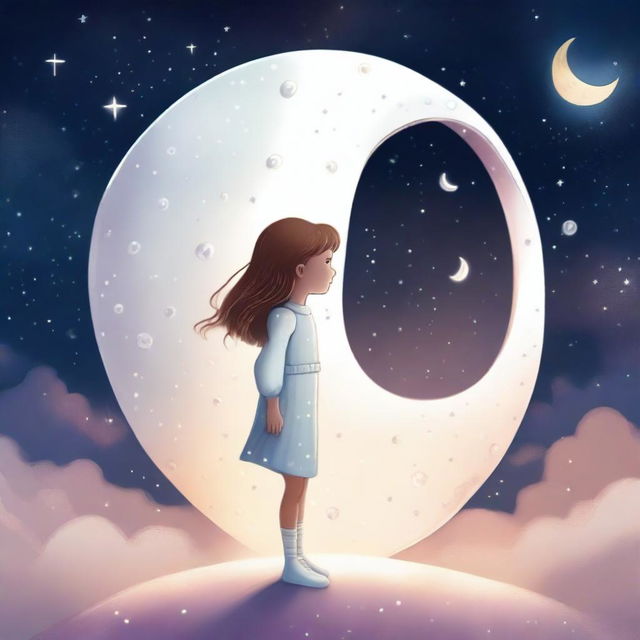 A young girl steps into a white spaceship that is actually the moon