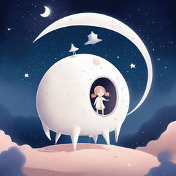 A young girl steps into a white spaceship that is actually the moon