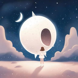 A young girl steps into a white spaceship that is actually the moon