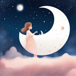 A young girl steps into a white spaceship that is actually the moon