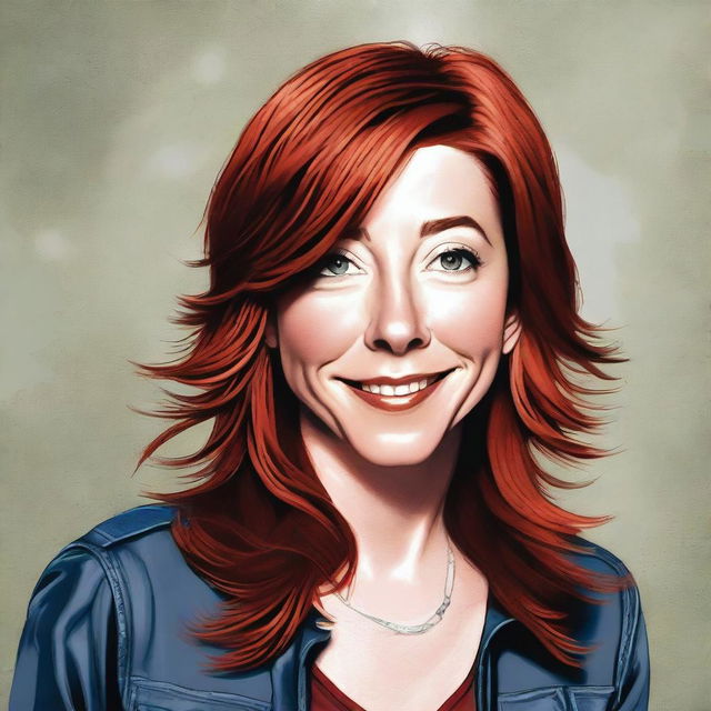 A detailed portrait of Alyson Hannigan, capturing her friendly and approachable demeanor