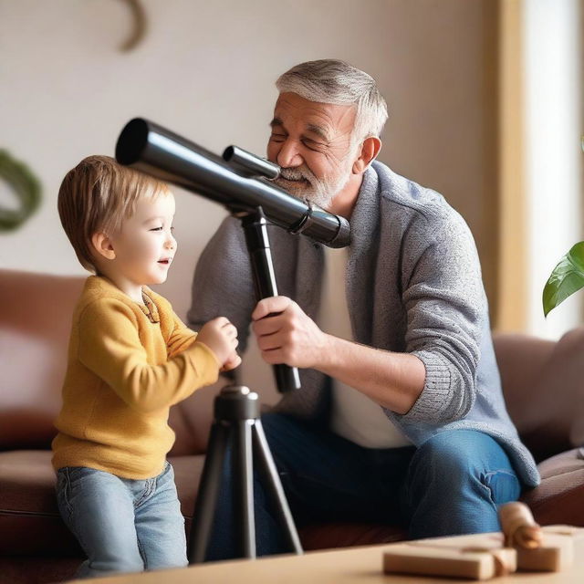 A father giving a telescope as a gift to his child