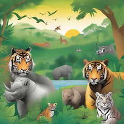 A book cover background featuring various endangered animals in their natural habitats