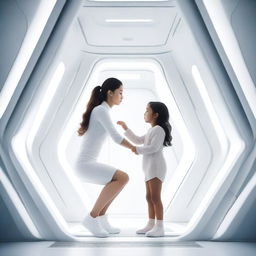 A woman inside a white spaceship invites a young girl to climb the ladder