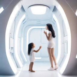 A woman inside a white spaceship invites a young girl to climb the ladder