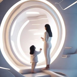 A woman inside a white spaceship invites a young girl to climb the ladder