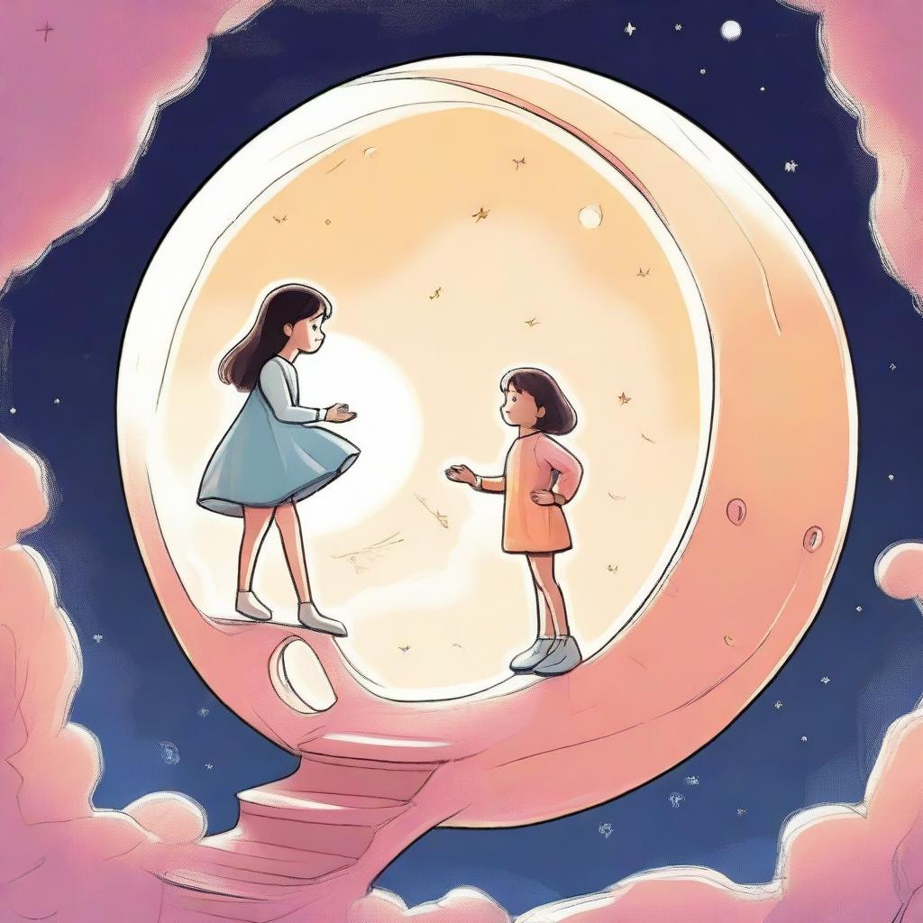 A woman inside a moon-shaped spaceship invites a young girl to climb the ladder