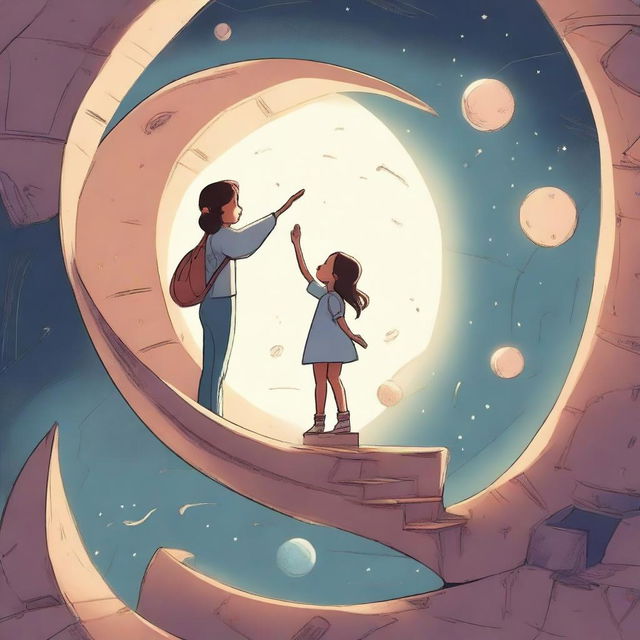 A woman inside a moon-shaped spaceship invites a young girl to climb the ladder