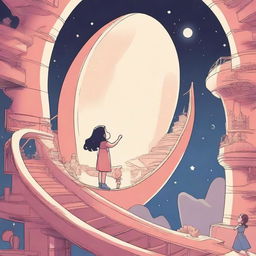 A woman inside a moon-shaped spaceship invites a young girl to climb the ladder