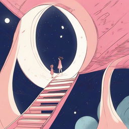 A woman inside a moon-shaped spaceship invites a young girl to climb the ladder