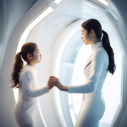 A woman inside a white spaceship invites a young girl to climb the ladder