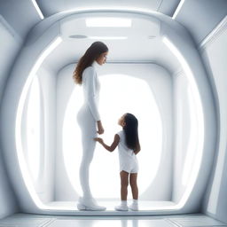 A woman inside a white spaceship invites a young girl to climb the ladder