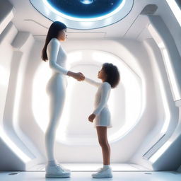 A woman inside a white spaceship invites a young girl to climb the ladder