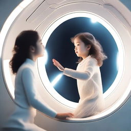 A woman inside a white spaceship invites a young girl to climb the ladder