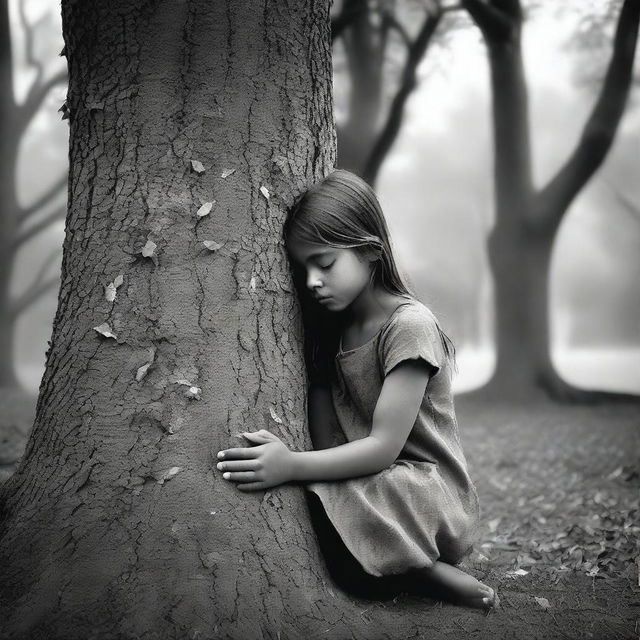 A young girl is seen sitting at the base of a tree, her head bowed and a few tears gently streaming down her face