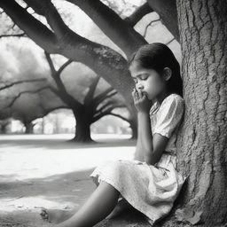 A young girl is seen sitting at the base of a tree, her head bowed and a few tears gently streaming down her face