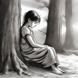 A young girl is seen sitting at the base of a tree, her head bowed and a few tears gently streaming down her face