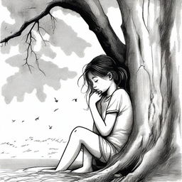 A young girl is seen sitting at the base of a tree, her head bowed and a few tears gently streaming down her face