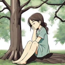 A young girl is sitting at the base of a tree, crying softly