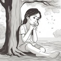 A young girl is sitting at the base of a tree, crying softly