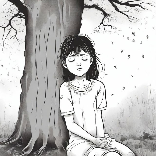 A young girl is sitting at the base of a tree, crying softly