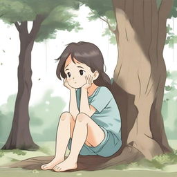 A young girl is sitting at the base of a tree, crying softly