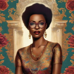 An illustrated book cover for a thriller novel titled 'Breaking Point' featuring a genius, luxurious, smiling, beautiful Black woman with glasses