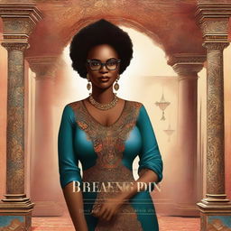 An illustrated book cover for a thriller novel titled 'Breaking Point' featuring a genius, luxurious, smiling, beautiful Black woman with glasses