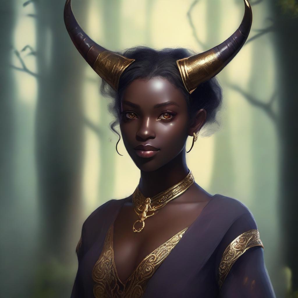 A young tiefling woman with dark skin and gold eyes