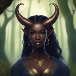 A young tiefling woman with dark skin and gold eyes