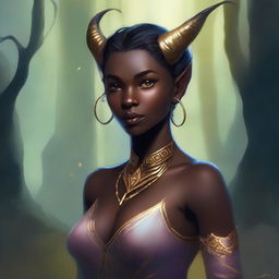 A young tiefling woman with dark skin and gold eyes