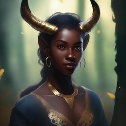 A young tiefling woman with dark skin and gold eyes