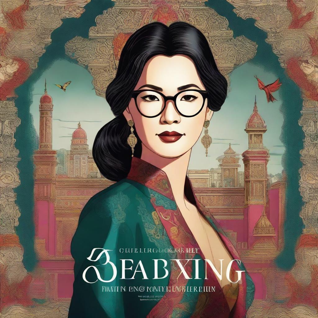 An illustrated book cover for a thriller novel titled 'Breaking Point' featuring a genius, luxurious, smiling, beautiful Asian woman with glasses