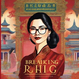 An illustrated book cover for a thriller novel titled 'Breaking Point' featuring a genius, luxurious, smiling, beautiful Asian woman with glasses