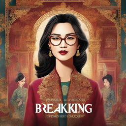 An illustrated book cover for a thriller novel titled 'Breaking Point' featuring a genius, luxurious, smiling, beautiful Asian woman with glasses