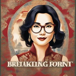 An illustrated book cover for a thriller novel titled 'Breaking Point' featuring a genius, luxurious, smiling, beautiful Asian woman with glasses